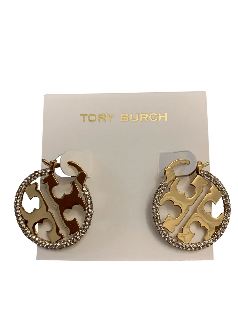 Tory Burch Miller Pave Zircon Logo Hoop Earrings Gold